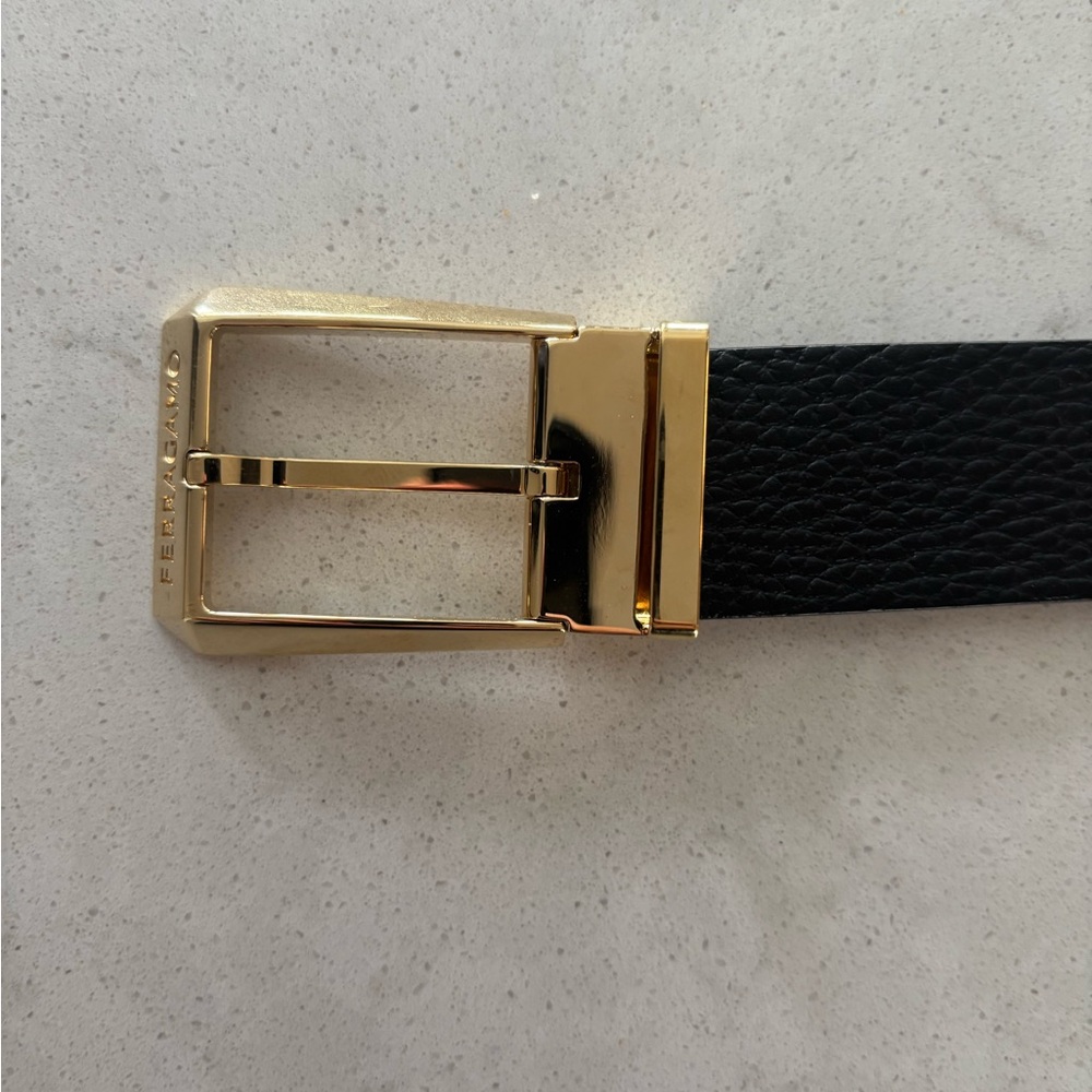 Salvatore Ferragamo Black Leather Belt with Gold Buckle